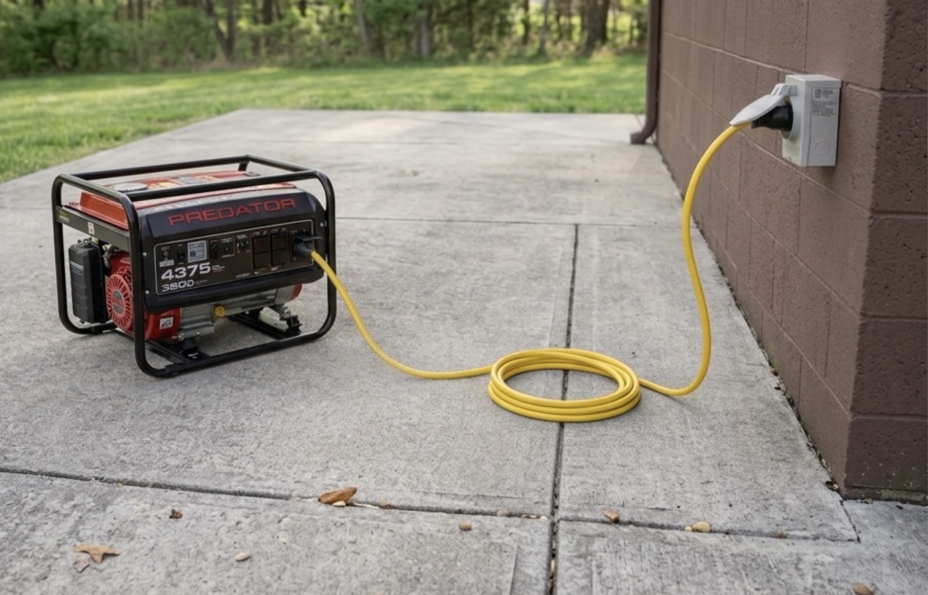 Portable generator connected by a yellow cord to an outdoor home inlet