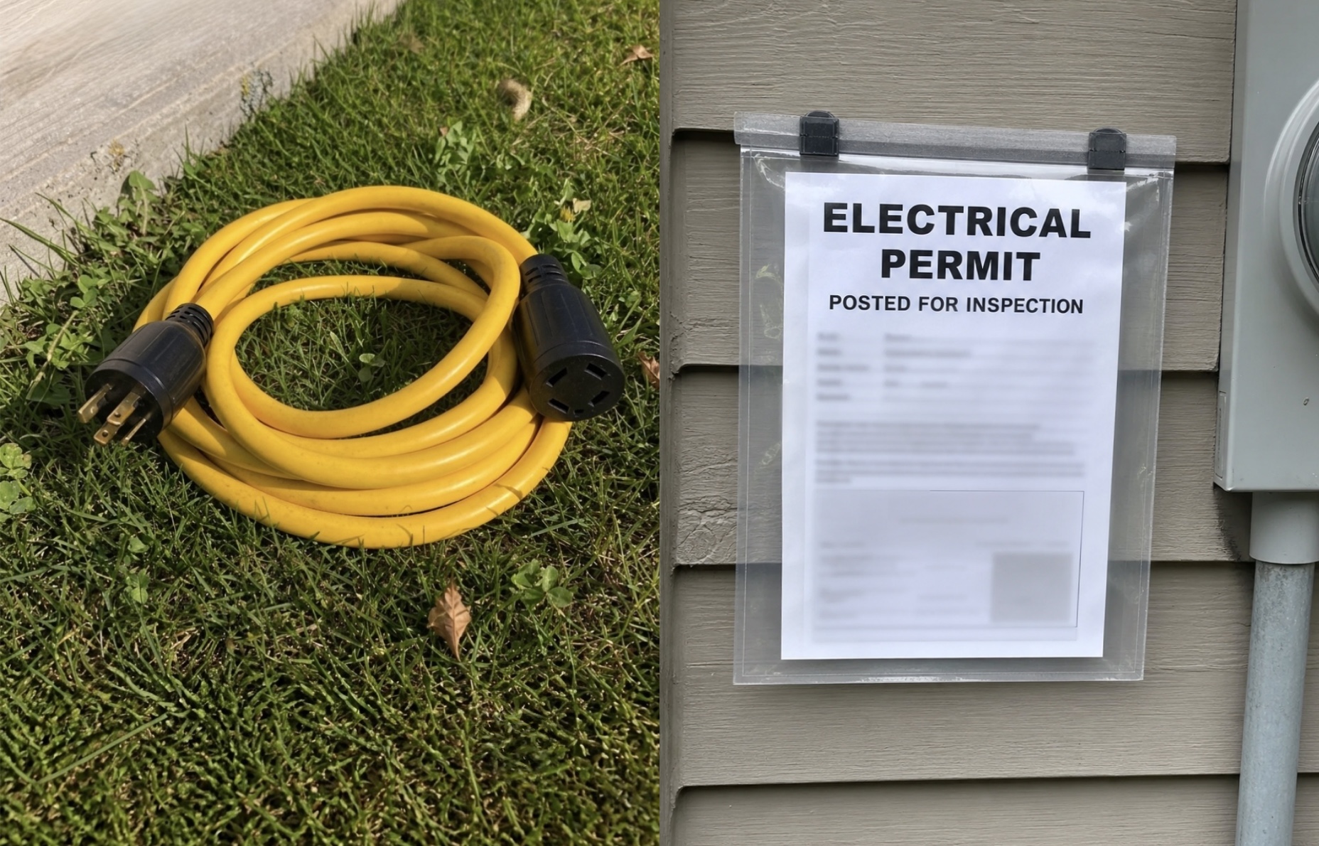 A compatible yellow generator cord and electrical permit paperwork posted for inspection
