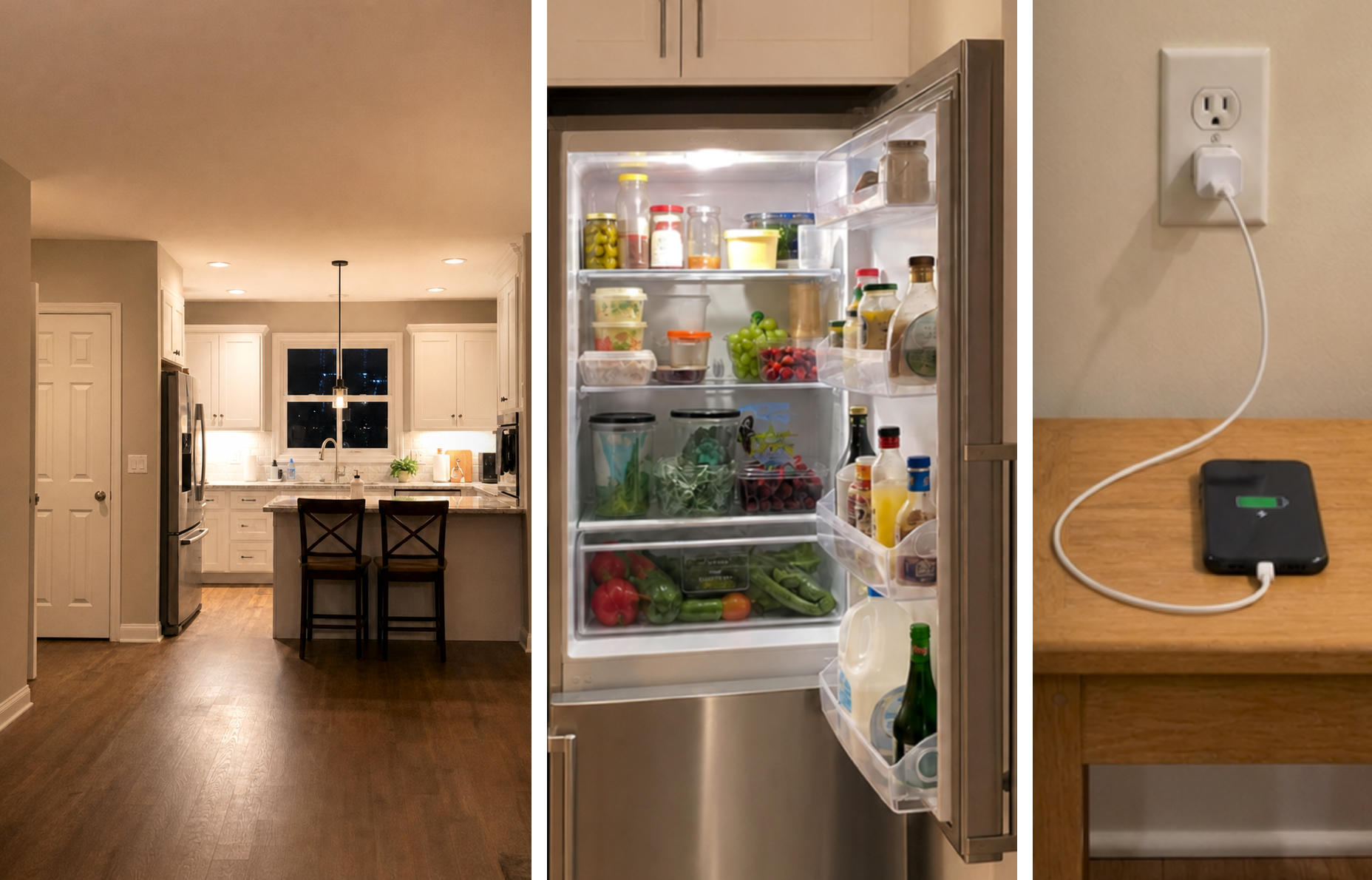 A lit home, a cold refrigerator, and a phone charging at night