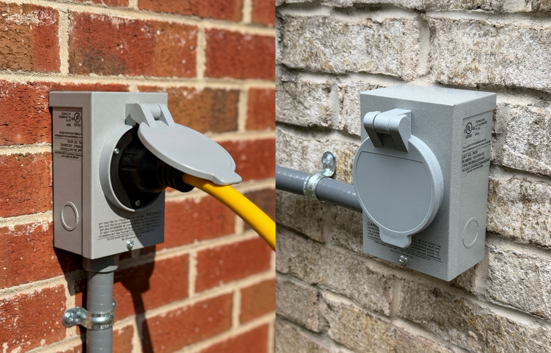 Two BPP-installed metal outdoor generator connection boxes with weather-rated covers