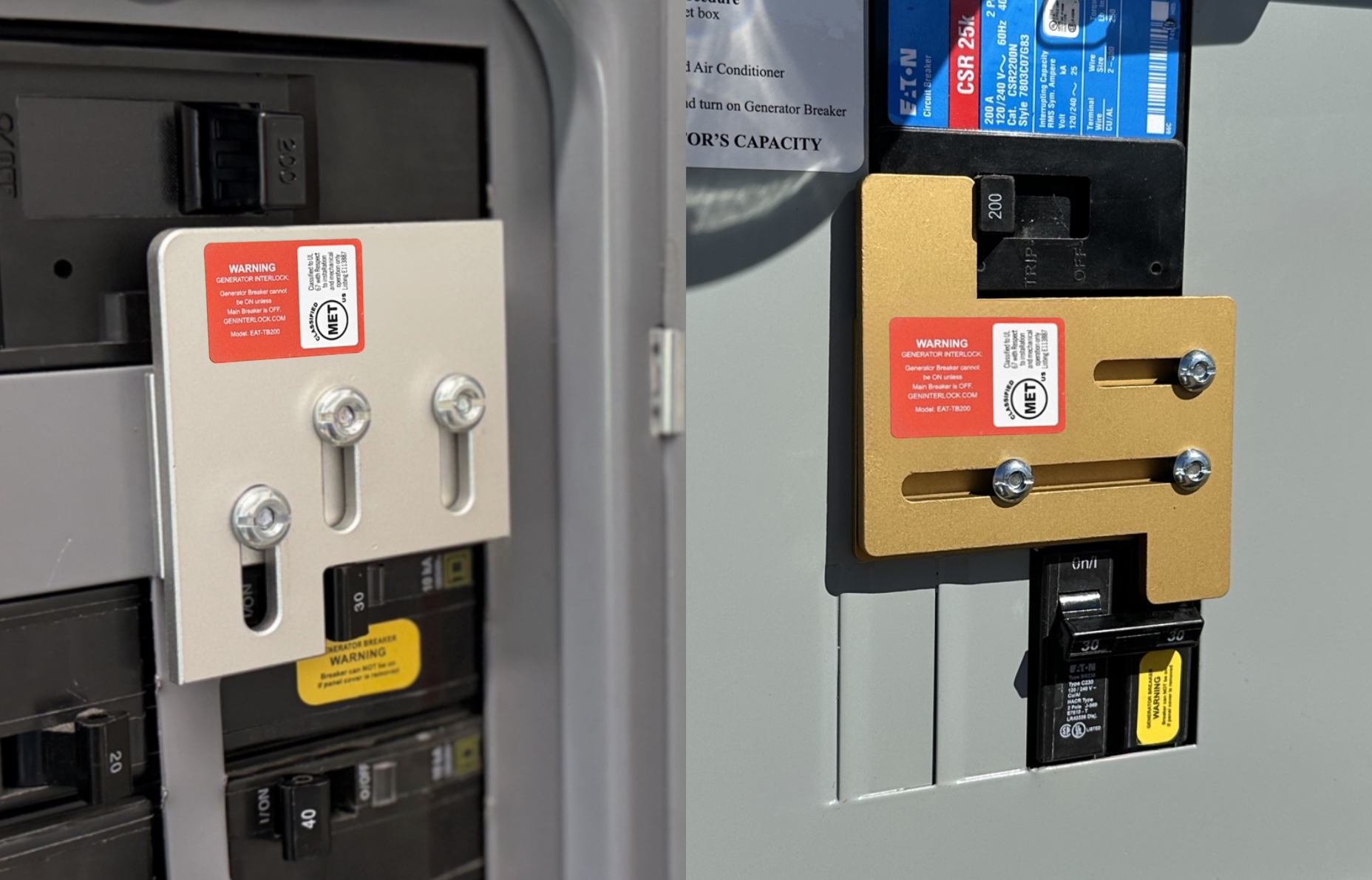 Two installed breaker-panel interlock systems that prevent utility and generator power from being on at the same time
