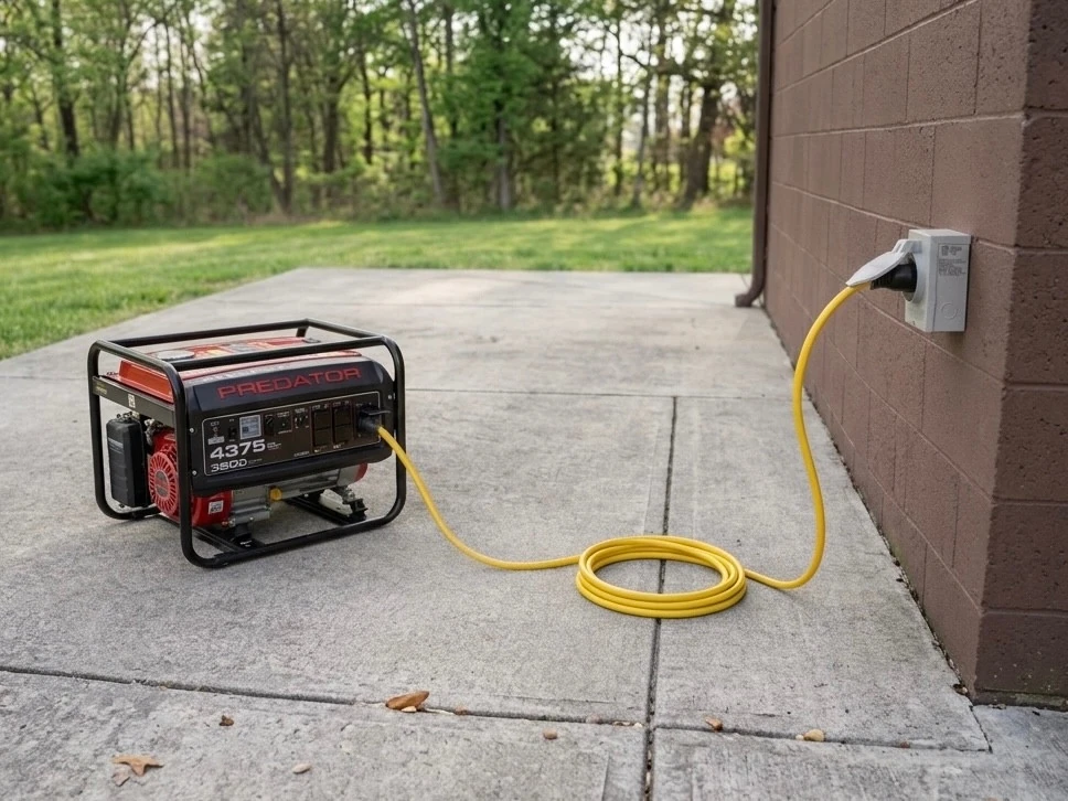 Red and black portable generator connected by a yellow cord to an outdoor inlet on a block wall